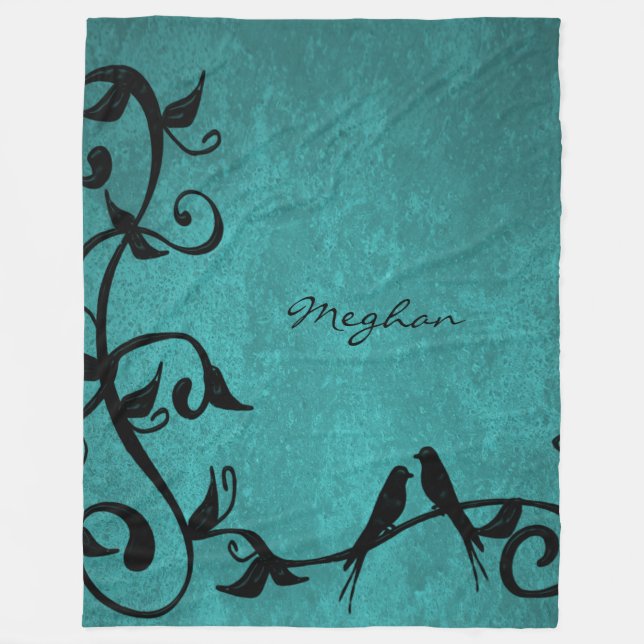 Teal Lovebirds Personalised Fleece Blanket (Front)