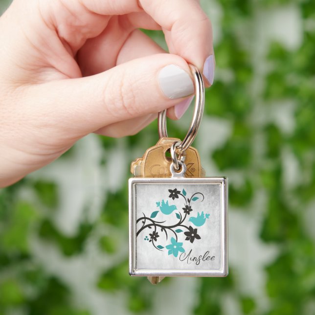 Teal Lovebirds Personalised Keychain (Hand)