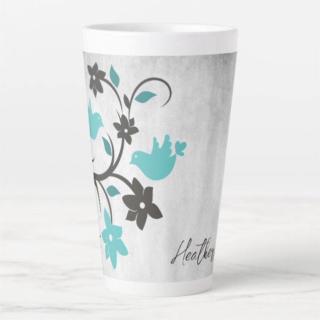 Teal Lovebirds Personalised Latte Mug (Front)