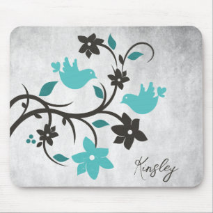 Teal Lovebirds Personalised Mouse Pad