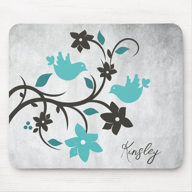 Teal Lovebirds Personalised Mouse Pad (Front)