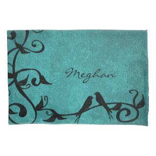 Teal Lovebirds Personalised Pillowcase