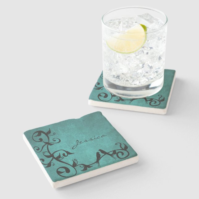 Teal Lovebirds Personalised Stone Coaster (Side)