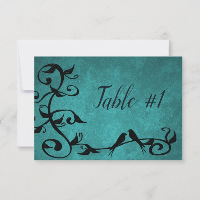 Teal Lovebirds Reception Table Card (Front)