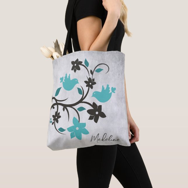 Teal Lovebirds Tote Bag (Close Up)