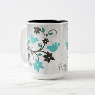 Teal Lovebirds Two-Tone Coffee Mug
