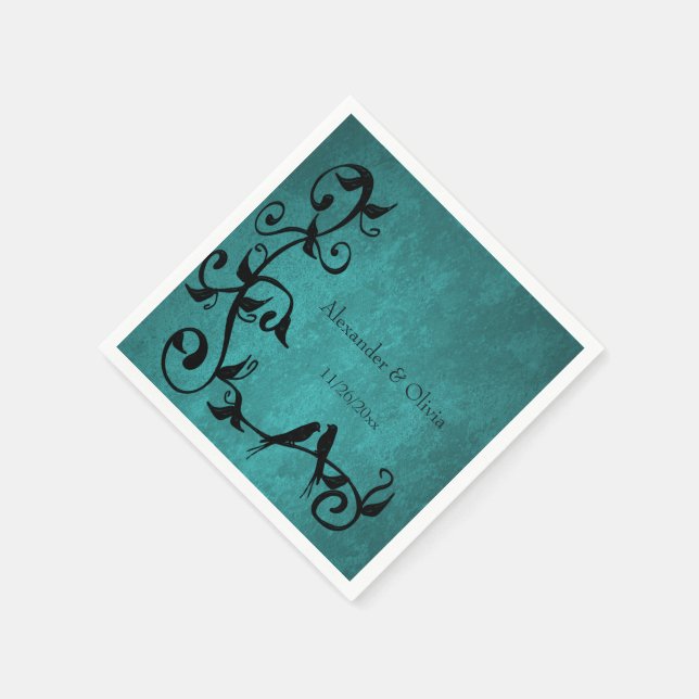Teal Lovebirds Wedding Napkins (Corner)