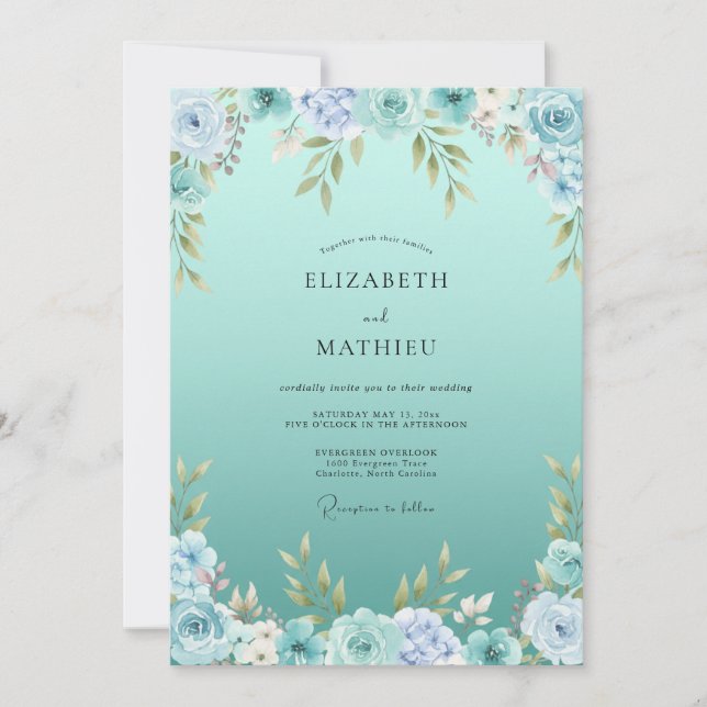 Teal Luminous Botanical Wedding Invitation (Front)