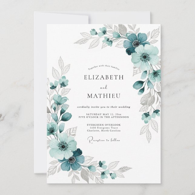 Teal Lush Floral Romance Wedding Invitation (Front)