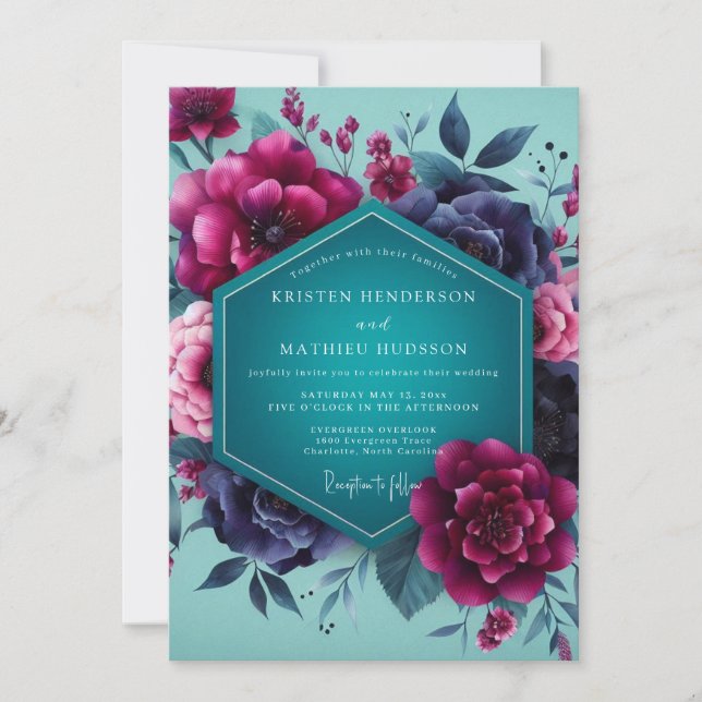 Teal Magenta Dramatic Bloom Wedding Invitation (Front)