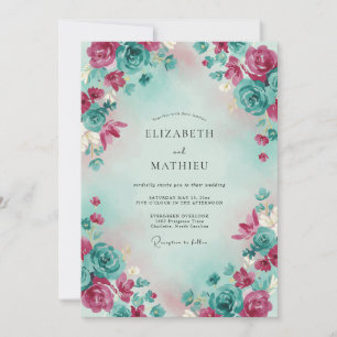 Teal Magenta Ethereal Watercolor Wedding Invitation