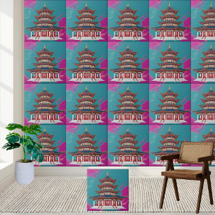 Teal & Magenta Oriental Pagoda Chinoiserie Tile