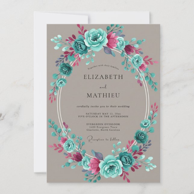 Teal Magenta Painted Wedding Invitation (Front)