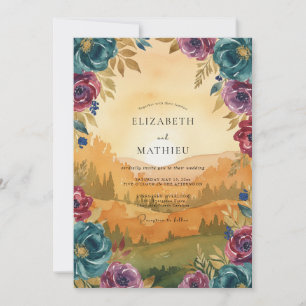 Teal Magenta Peony Wedding Invitation