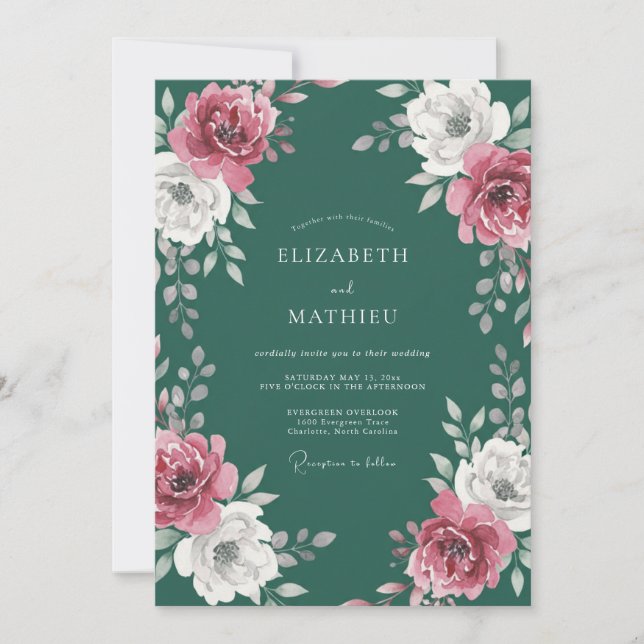 Teal Magenta Ranunculus Muted Eucalyptus Wedding Invitation (Front)