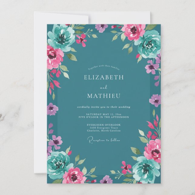 Teal Magenta Ranunculus Sage Wedding Invitation (Front)