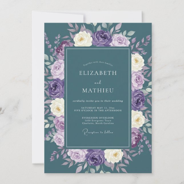 Teal Majestic Floral Wedding Invitation (Front)