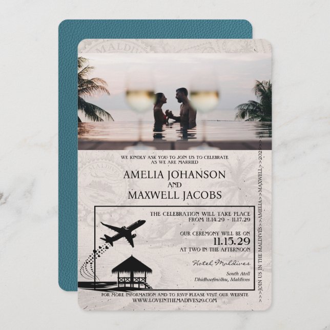 Teal Maldives Passport Wedding Invitation (Front/Back)