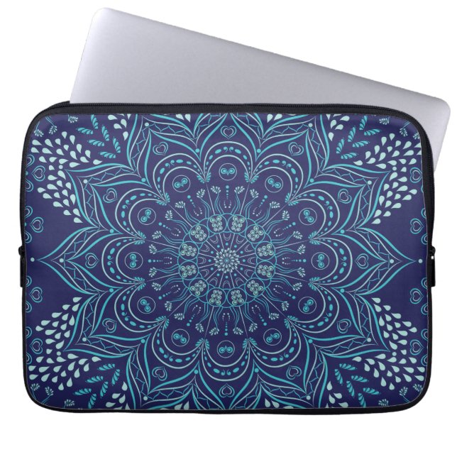 Teal mandala pattern on a navy blue background laptop sleeve (Front)