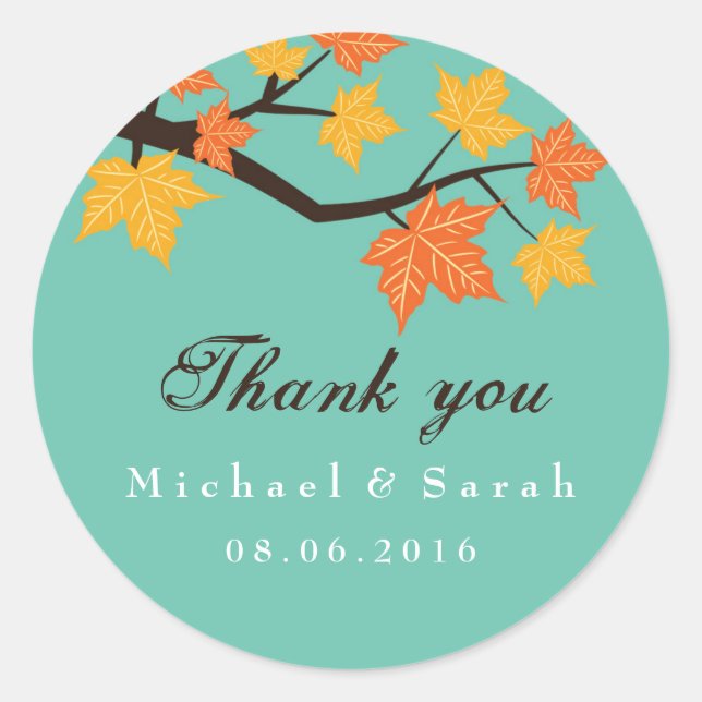 Teal Maple Leaves Fall Wedding Thank You Sticker (Front)