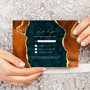 Teal Marble, Burnt Orange & Gold Agate RSVP Invitation