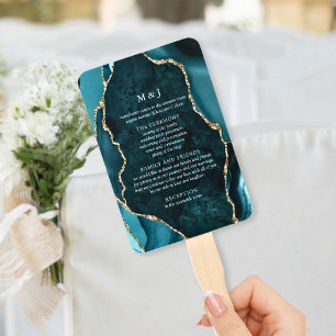 Teal, Marble & Gold Agate Wedding Program Hand Fan