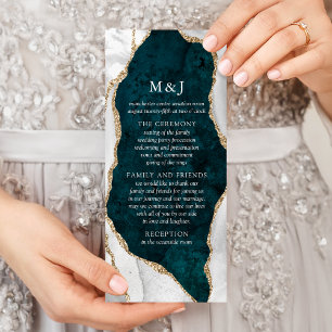 Teal, Marble & Gold Agate Wedding Program Rack Card