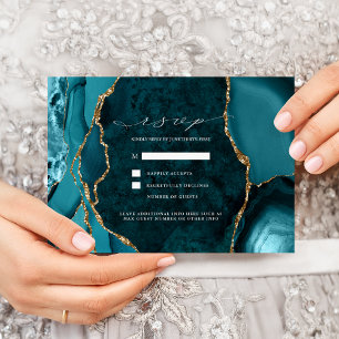 Teal, Marble & Gold Agate Wedding RSVP Invitation
