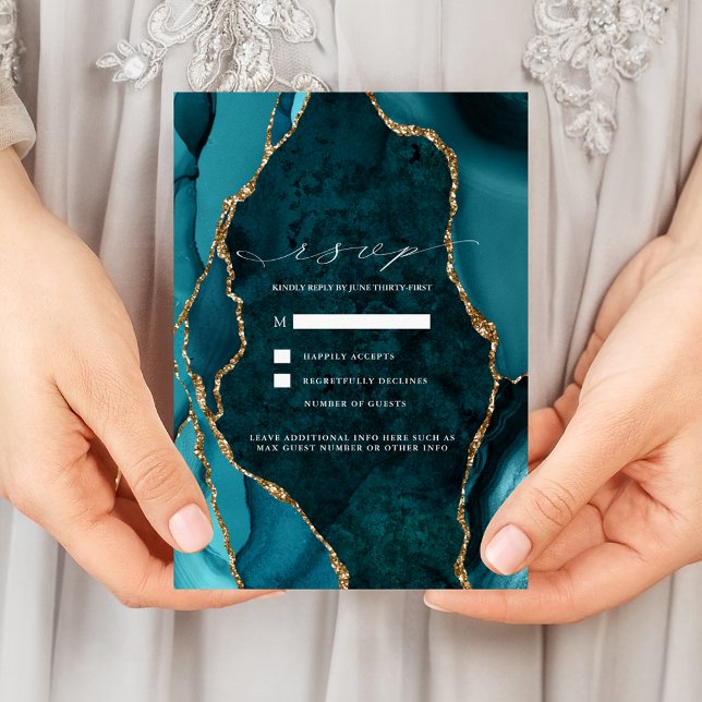Teal, Marble & Gold Agate Wedding RSVP Invitation (Creator Uploaded)