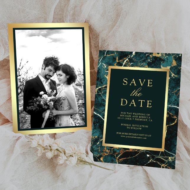 Teal Marble Gold Photo Wedding Save The Date (Creator Uploaded)