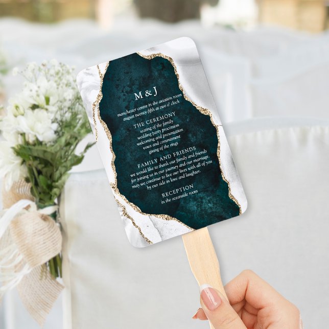 Teal Marble, White & Gold Agate Wedding Program Hand Fan (Creator Uploaded)