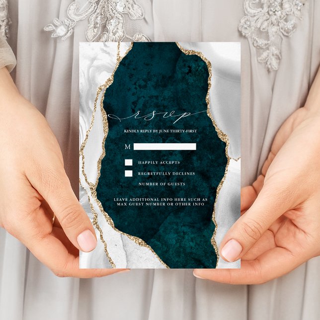 Teal Marble, White & Gold Agate Wedding RSVP Invitation (Creator Uploaded)