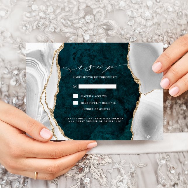 Teal Marble, White & Gold Agate Wedding RSVP Invitation (Creator Uploaded)