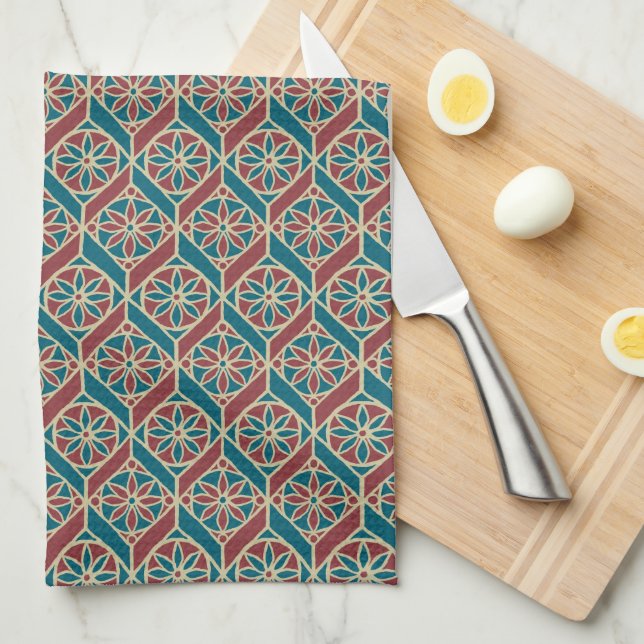Teal, Maroon, Beige Ethnic Floral Pattern Tea Towel (Quarter Fold)