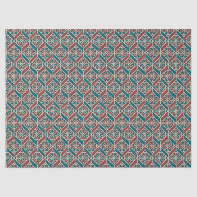 Teal, Maroon, Beige Ethnic Floral Pattern Tissue Paper (Front)