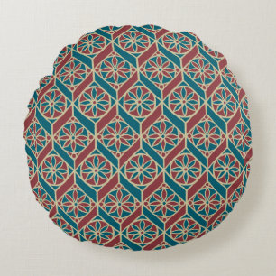 Teal Maroon Beige Ethnic Pattern Flowers, Chevrons Round Cushion