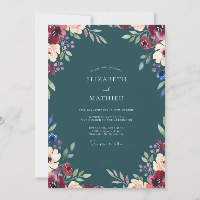 Teal Maroon Foliage Eucalyptus Wedding Invitation (Front)