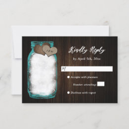 Teal Mason Jar Barn Wood Lights Wedding RSVP Card