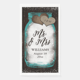 Teal Mason Jar Barn Wood Mr. & Mrs. Wedding Napkin
