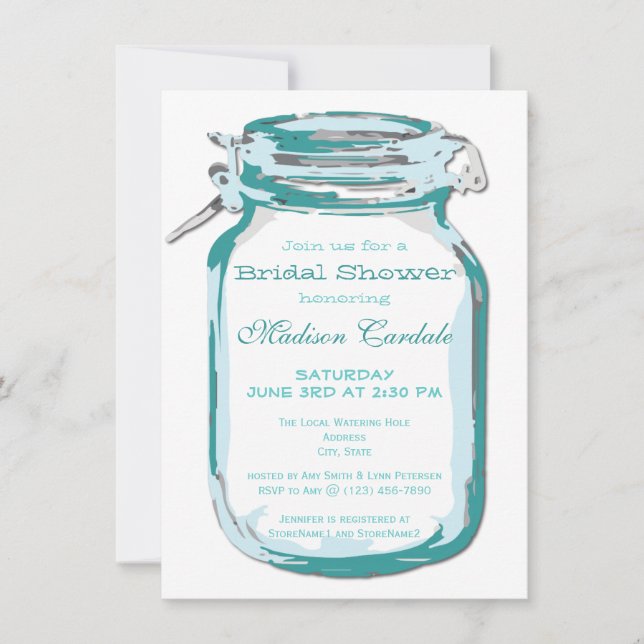 Teal Mason Jar Country Bridal Shower Invitations (Front)