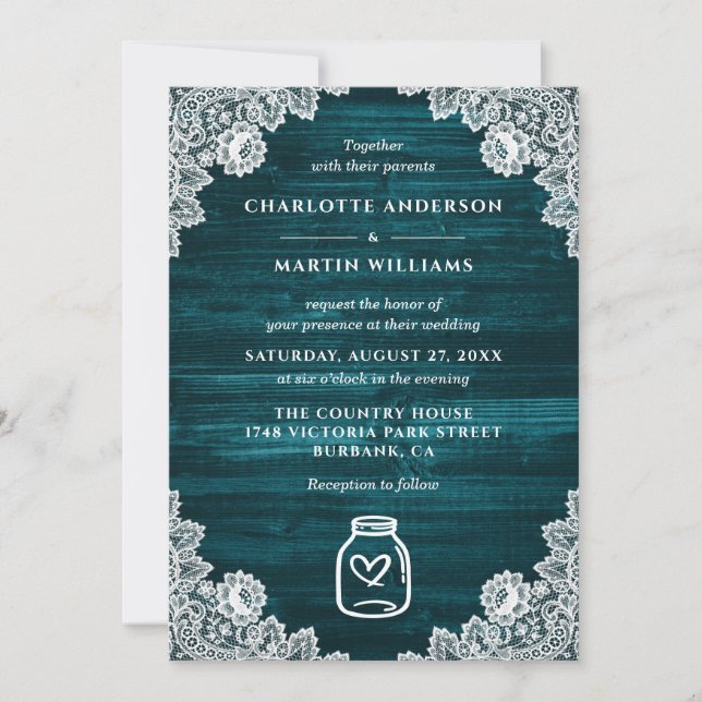 Teal Mason Jar Floral Lace Rustic Wood Wedding Invitation (Front)
