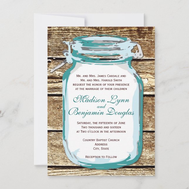 Teal Mason Jar Rustic Barn Wood Wedding Invitation (Front)