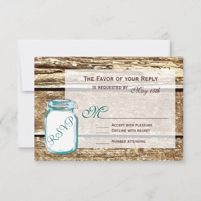 Teal Mason Jar Rustic Barn Wood Wedding RSVP Cards (Front)