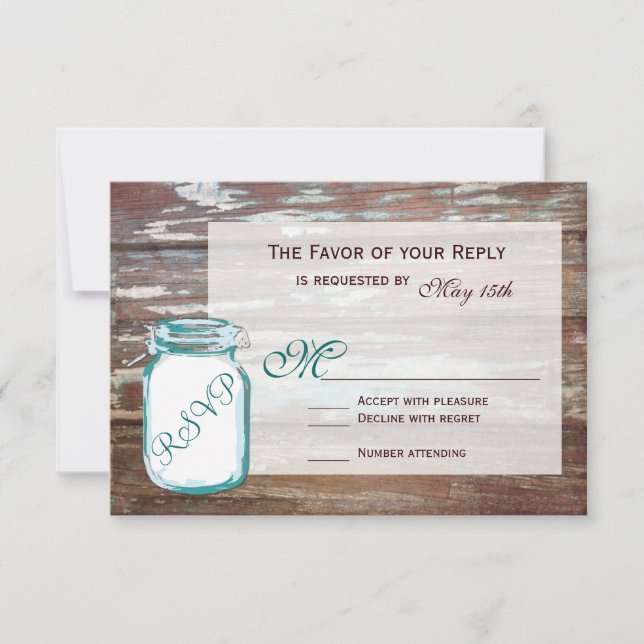Teal Mason Jar Rustic Barn Wood Wedding RSVP Cards (Front)
