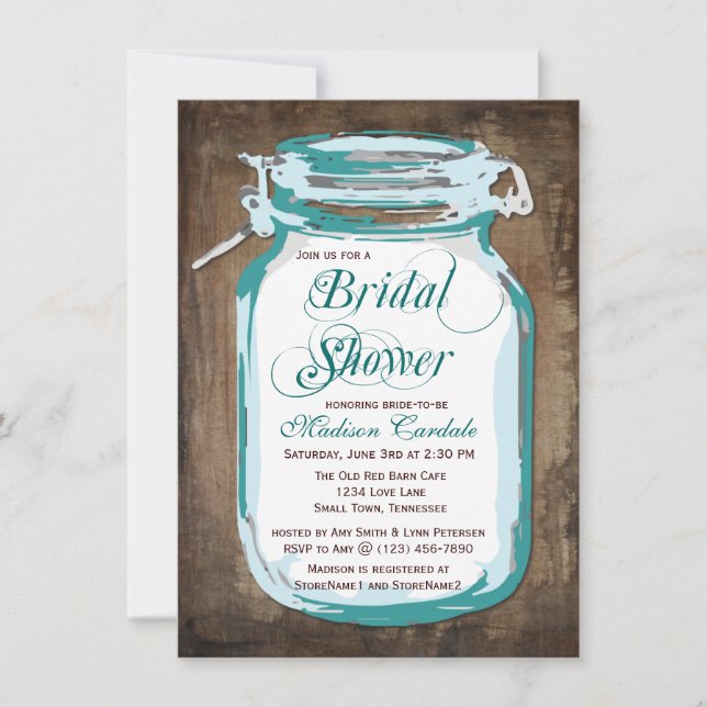 Teal Mason Jar Rustic Bridal Shower Invitations (Front)