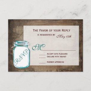 Teal Mason Jar Rustic Brown Wedding RSVP Cards