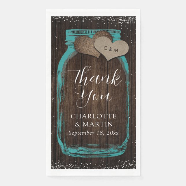 Teal Mason Jar Rustic Wood Thank You Wedding Napkin (Front)