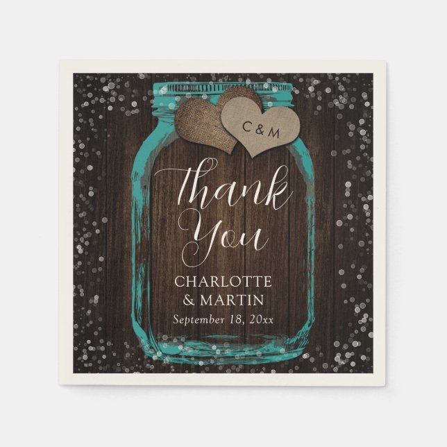 Teal Mason Jar Rustic Wood Thank You Wedding Napkin (Front)
