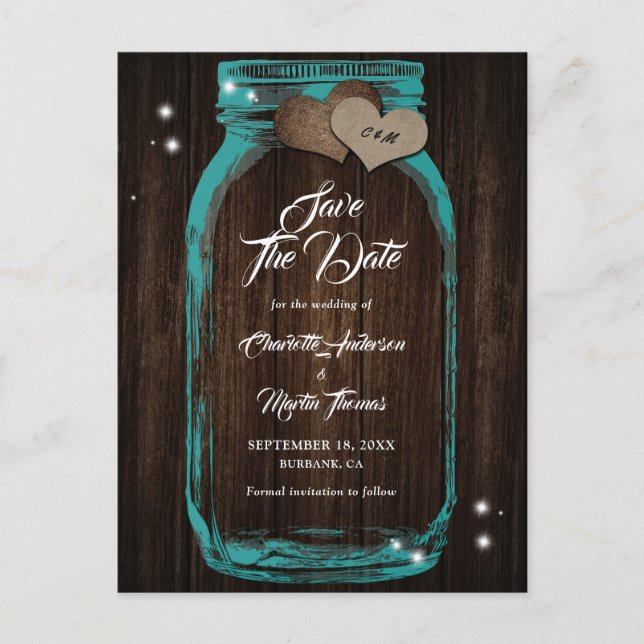 Teal Mason Jar Rustic Wood Wedding Save The Date Announcement Postcard (Front)