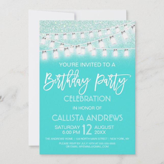 Teal Mason Jar String Lights Glitter Birthday Invitation (Front)